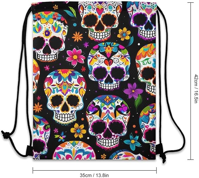 Water Resistant Drawstring Backpack Lightweight Sackpack for Yoga Gym Beach Travel, Men Women Unisex Sports Bag, Sugar Skull Bags