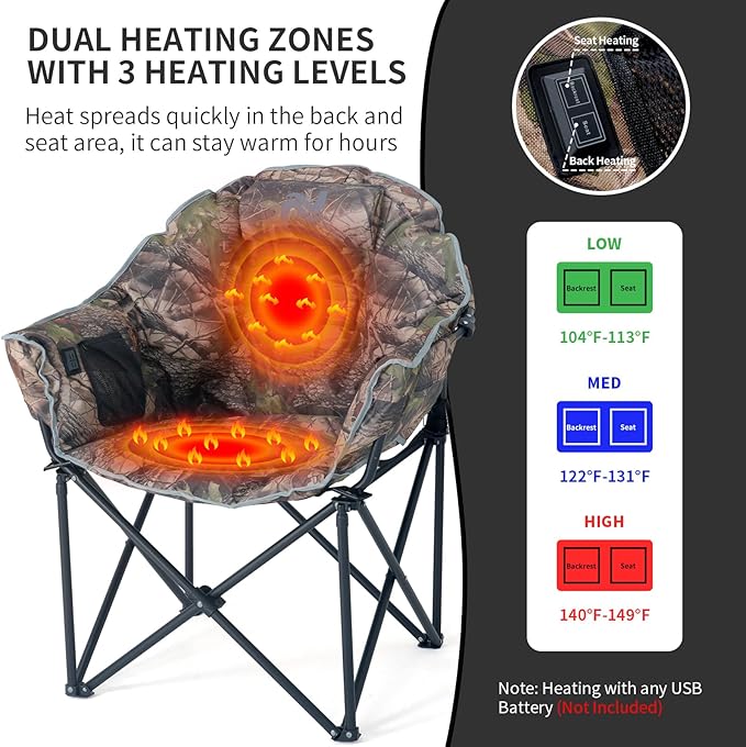 2 Pack Oversized Heated Camping Chair, 3 Heating Levels Portable Folding Camp Chairs with Pillow and Storage Bag, Outdoor Heated Moon Chair for Camping Lawn Patio Beach and Picnics, Camo