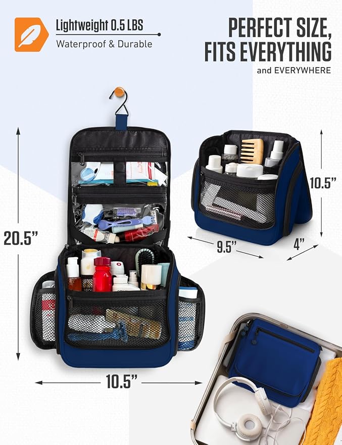 VENTURE 4TH Hanging Travel Toiletry Bag for Women & Men – Large Toiletry Organizer with 18 Compartments, Removable TSA Pouch, Travel Wash Bag for Toiletries, Makeup & Shaving Kit (Navy Blue)