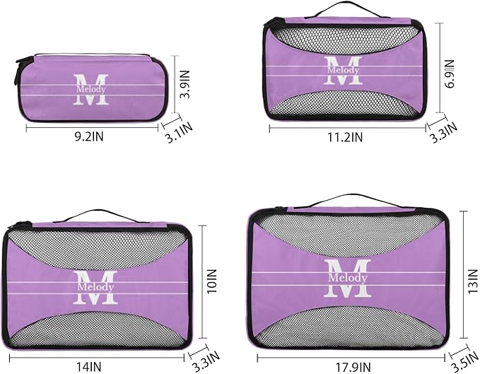Custom Packing Cubes with Name - 4 Piece Packing Cubes Compression Luggage Suitcase Organizer Set, Lavender Purple with Initial Letter