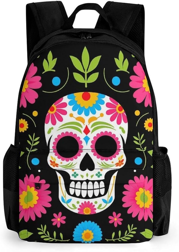 Supdreamc Backpack Polyester Anti-Theft Multipurpose Mexican Day Of Dead Flower Traditional Sugar Skull Bookbag Large Capacity Laptop Book Bag Rucksack With Side Pockets