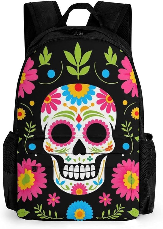 Supdreamc Backpack Polyester Anti-Theft Multipurpose Mexican Day Of Dead Flower Traditional Sugar Skull Bookbag Large Capacity Laptop Book Bag Rucksack With Side Pockets