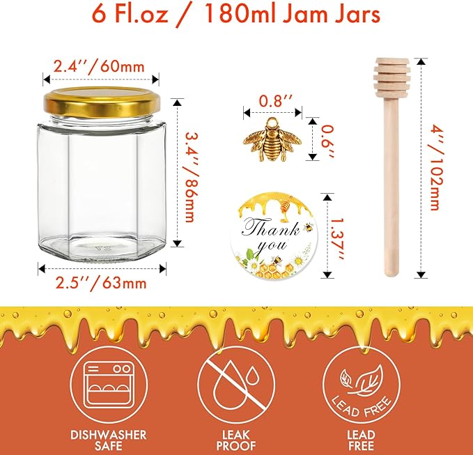 AuroTrends 6oz Glass Small Jars with Lids 30Pack, Honey Jars in Bulk for Baby Shower Favors/Wedding Favors -Small Canning Jars with Wooden Dippers/Bee Charms/Stickers/Jute Twine (6fl.oz-30Pack)