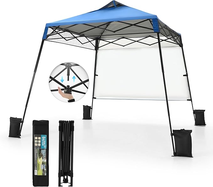 PHI VILLA 8x8ft Pop Up Canopy Tent Instant Portable Shelter One Push Tent Canopy, 4 Weight Bags, Slanted Legs-Blue
