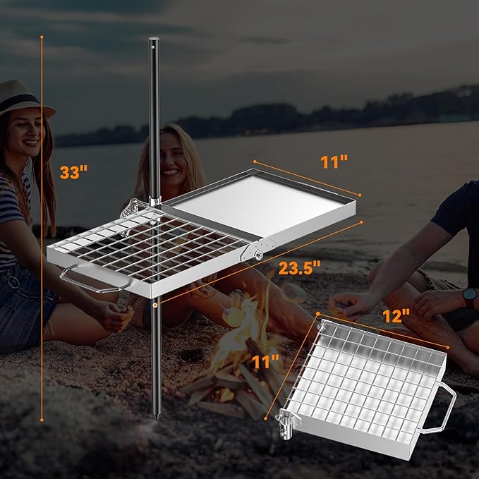 Skyflame Folding Campfire Grill Grate, Stainless Steel Swivel Camping Grill Grate and Griddle with Carrying Bag, Portable Outdoor Cooking Equipment for Open Flame Fire Pit, Backpacking, Camping