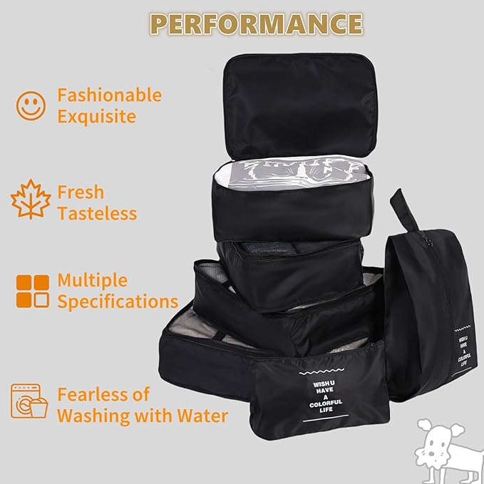 7 Set Packing Cubes for Travel Essentials, Suitcase Organizer Bags for Airplane Road Trip Camp - Black