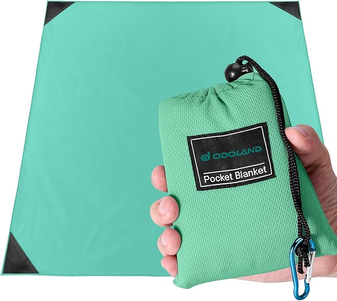 Odoland Pocket Blanket Picnic Blanket, 71" x 63" SandProof Waterproof Outdoor Beach Blanket with Portable Bag, Foldable Lightweight Sand Free Quick Drying Mat for Hiking Camping Travel, Light Green