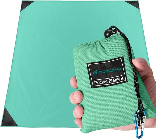 Odoland Pocket Blanket Picnic Blanket, 71" x 63" SandProof Waterproof Outdoor Beach Blanket with Portable Bag, Foldable Lightweight Sand Free Quick Drying Mat for Hiking Camping Travel, Light Green