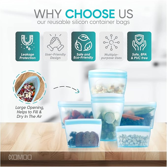 Reusable food container silicone bag, Upgrade second generation 6 Pcs Zip Containers Storage, 100% Silicone Reusable Food Bag, Stand Up Preservation Bag, Rounded interior for easy cleaning.