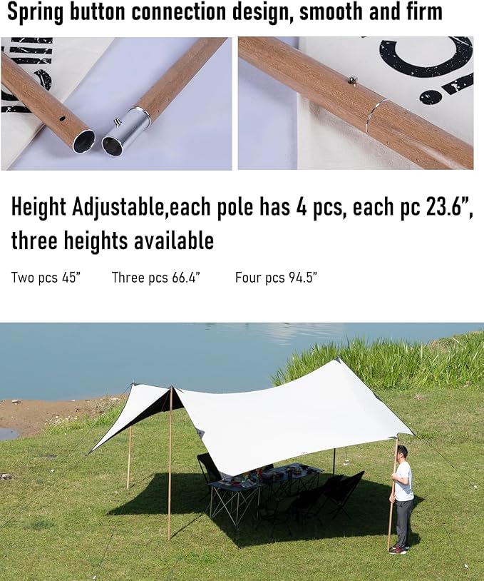 iClimb Strong Elegant Alu. Tarp Poles Set of 2 Height Adjustable with Lantern Hook and Carry Bag, Nature Color