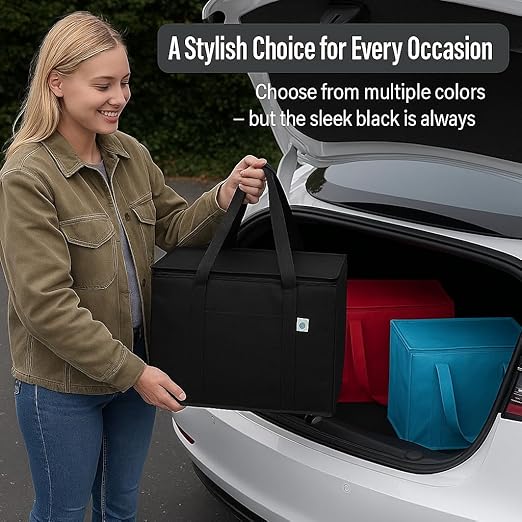 2-Pack, XL-Large Insulated Grocery Shopping Bags, Black, Reusable Bag,Thermal Zipper,Collapsible,Tote,Cooler,Food Transport hot and Cold,Camping, delivery Groceries Freezer