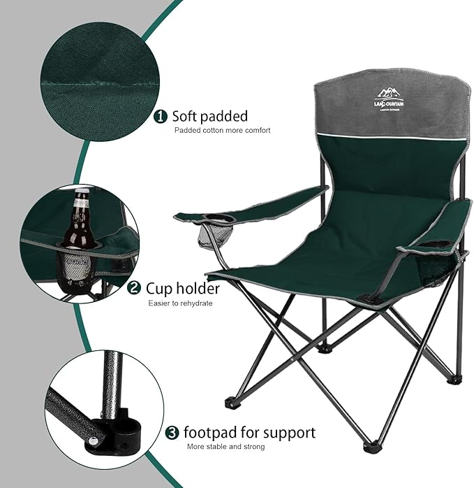 Oversized 4 Pcs Camping Chair Set with Table,Outdoor Folding Heavy Duty Lawn Chair,Cup Holder,Portable,Loveseat Chair Perfect for Family Hiking,Picnics and Beach Trips,Dark Green