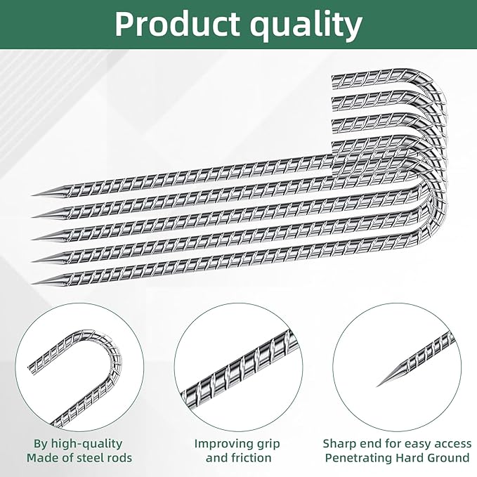12 Inch Rebar Stakes, Heavy Duty J Hook Tent Stakes, Long Galvanized Ground Anchors Metal Spikes Landscape Yard Stakes for Signs, Trampoline, Chain Link Fence, Outdoor Decoration (10)