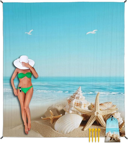 Beach Blanket Waterproof Sandproof, Shells Oversized Extra Large Picnic Mat 83"×95"/8 × 7 FT for 1-7 Adults for Travel Camping Hiking, Quick Drying Lightweight Outdoor Beach Vacation Essentials