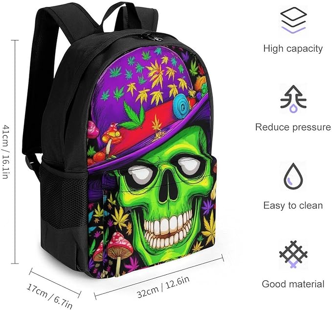 Supdreamc Daypack Backpack Anti-Theft Multipurpose Large Capacity Carry On Bag, Trippy Space Weedleaf Alien Art Traveling Camping Backpack With Side Pockets