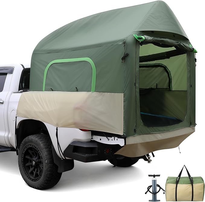 Truck Bed Tent 5.5ft-8ft Easy Set up Inflatable Pickup Truck Tent with Pump for Camping PU 3000mm Waterproof Dual-use Pickup Tent or Camping Tent for 2 Person Double Layer Mesh Window & Door