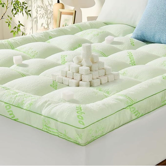 Memory Foam Mattress Topper - Viscose Made from Bamboo Pillow Top Thick Full Size Mattress Pad for Back Pain, Ultra Soft & Cooling for Hot Sleepers, 6-18'' Deep Pocket, Green