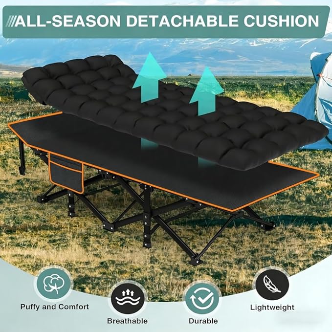 Comfortable and Soft Folding Bed, Portable Camping cot with Side Pockets and Mattress, Extra-Thick Oversized Folding Bed, Weight Capacity of 500/600/700 lbs (Black 700lbs)