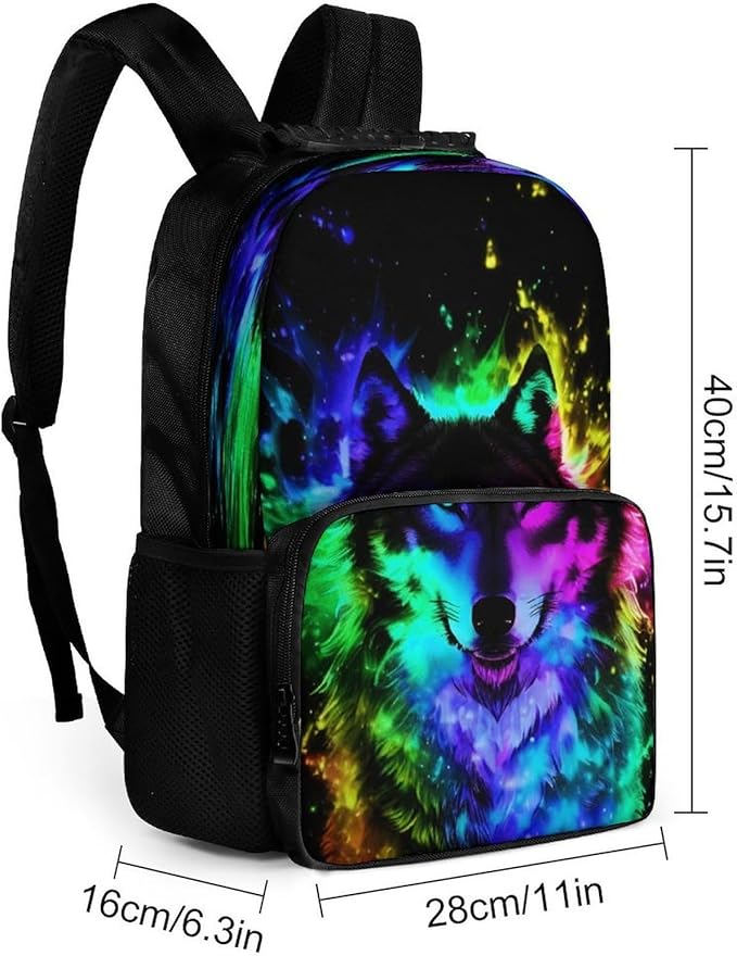 Polyester Daypack for Camping Travel Walking Cycling, Big Capacity Anti-Theft Multipurpose Bookbag, Wolf Colorful Fire Splashes Art Camping Outdoor Backpack