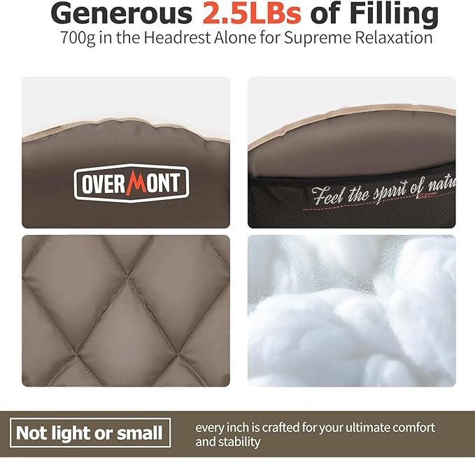 Overmont Oversized XL Camping Chair for Adults - 400lbs Support Heavy-Duty Padded Folding Chair with Side Pocket Cup Holder Cooling Bag for Outdoor Sports Garden Beach Fishing Lawn Khaki 2pcs