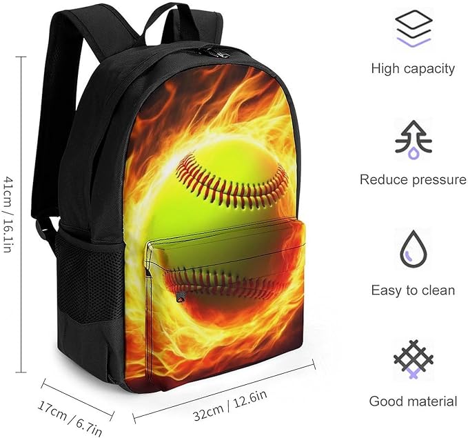 Men Women Lightweight Fire Flame Softball Baseball Ball Casual Daypack Large Capacity Bookbag With Adjustable Shoulder Straps for Gym Business Bicycle