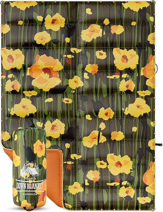 APSMILE Outdoor Down Blanket | Extra Warm & Puffy Camping Blanket | Water-Resistant, Lightweight, Packable Sleeping Quilt for Camp, Travel, Hiking, Picnic, Backpack (Bouquet HD Printed, 52"x75")