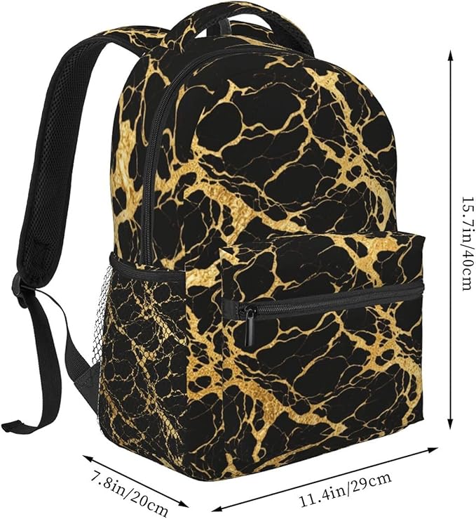 Backpack Anti-Theft Multipurpose Large Capacity Carry On Bag, Black Marble Gold Texture Art Camping Outdoor Backpack With Side Pockets