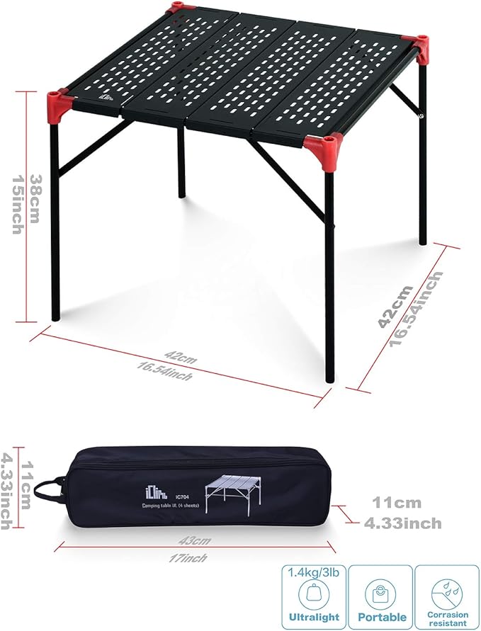 iClimb Extendable Folding Table Large Tabletop Area Ultralight Compact with Hollow Out Tabletop for Camping Backpacking Beach Concert BBQ Party, Three Size (Black - S + Hanger)