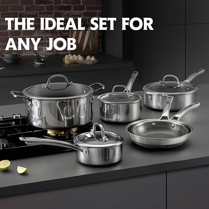SNOWCLAD Pots and Pans Set Non Stick, 9 Pcs Hybrid Stainless Steel Cookware Sets, Non Stick Frying Pans, Saucepans, Saute Pan & Stock Pot, PFOA Free Kitchen Skillet,Induction Compatible
