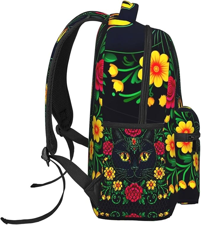 Backpack Anti-Theft Multipurpose Large Capacity Carry On Bag, Day Of The Dead Black Cat Red Floral Art Camping Outdoor Backpack With Side Pockets