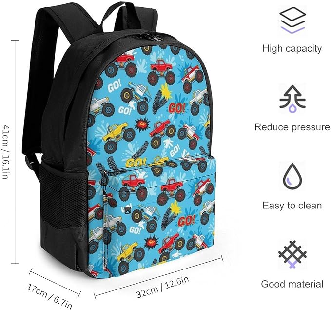 Men Women Polyester Monster Truck Cars Blue Casual Daypack Large Capacity Carry On Bag With Adjustable Shoulder Straps for Camping Work Running