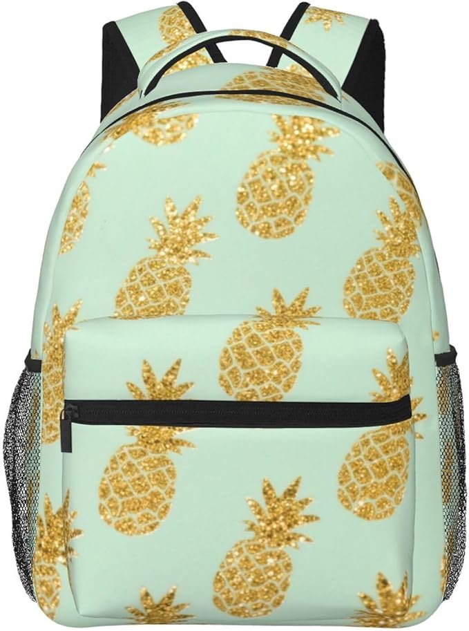 Rucksack Polyester Anti-Theft Multipurpose Gold Pineapple Pattern Bookbag Big Capacity Travel and Sport Backpack Rucksack With Side Pockets