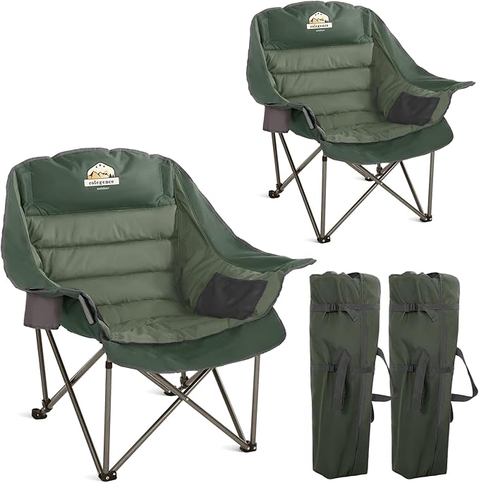 Oversized XL Padded Camping Chair Set of 2 Wide Heavy Duty Lawn Chairs Support 450 LBS Portable Folding Gaint Plus Camp Chair for Outdoor Outside Sports Baseball Soccer-Green