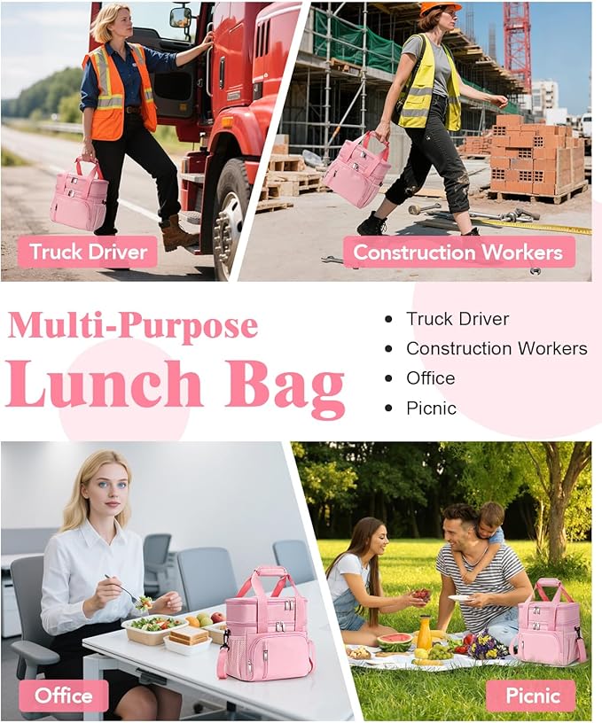 Lunch Box for Women, Double Insulated Lunch Bag Reusable Leakproof Cooler Bag Portable Picnic Food Bag, Adult Lunch Tote Lunch Bag for Work, Construction Worker, Truck Driver, Light Crew-Pink
