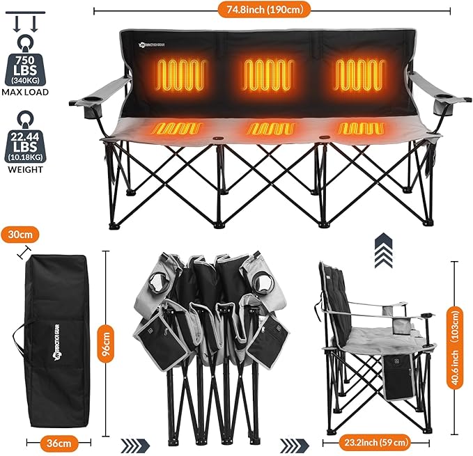 ANTARCTICA GEAR Heated 3-Person Camping Chair with 12V 15000mAh Battery Pack - Heavy-Duty XL Folding Bench for Outdoor, Campsites, Tailgating - Portable Heated Seating with Adjustable Warmth