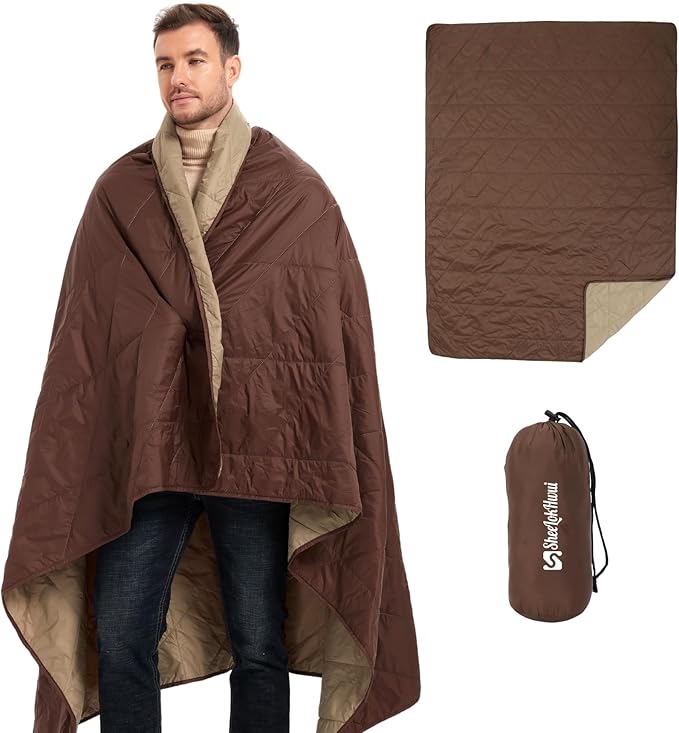 Ultralight Puffy Blanket, Outdoor Camping Blanket, Water-Resistant and Packable, Great for Camping, Stadium, Traveling, Backpacking, Picnic and Beach. 79"x55". Classic Coffee