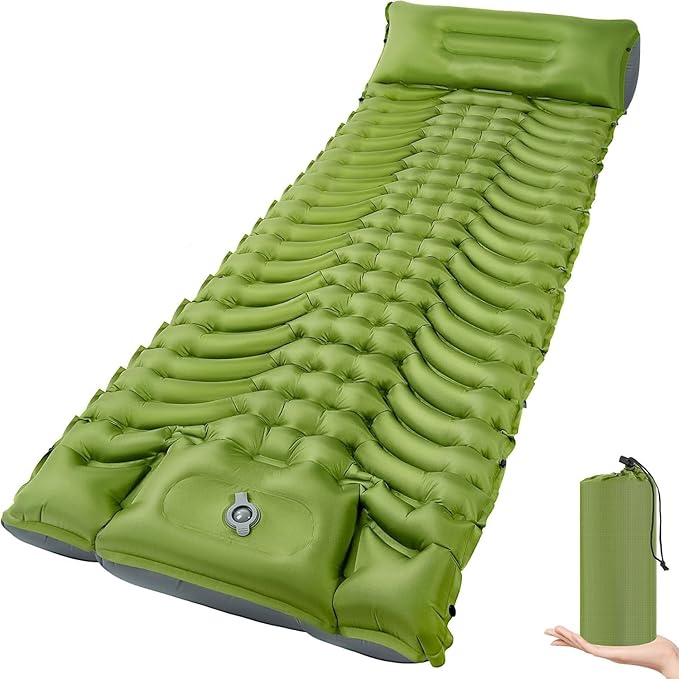 Inflatable Camping Sleeping Pad with Built-in Foot Pump & Pillow - Portable Lightweight Air Mattress for Backpacking, Hiking, Tent - Compact Travel Sleep Mat (Green)