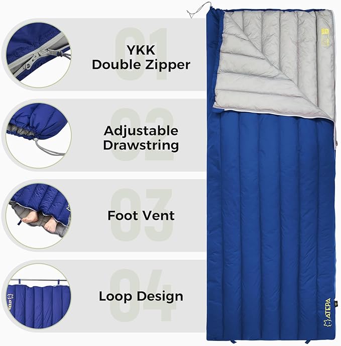 ATEPA Down Sleeping Bag for Adults, 650FP Ultralight 3 Season Compact Packable Sleeping Bag with Compression Sack for Camping Backpacking Hiking