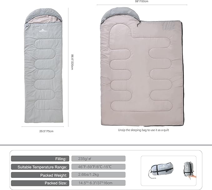 Lightweight Sleeping Bag 2.43lbs, Backpacking Sleeping Bag 46℉-59℉, Nylon Shell and Lining, Waterproof, Compact, Ultralight Sleeping Bag for Backpacking Camping Hiking