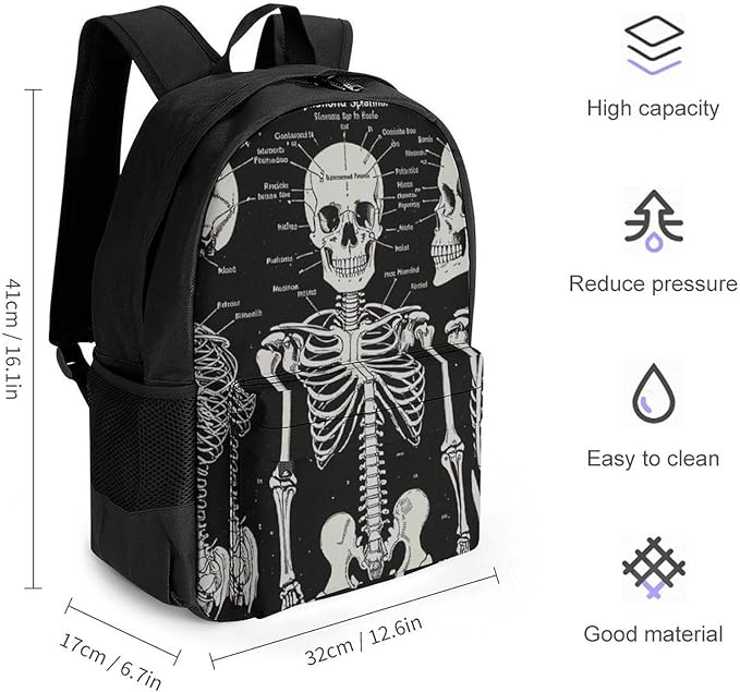 Lightweight Backpack for Gym Travel Bicycle, Big Capacity Multipurpose Anti-Theft Carry On Bag, Dark Skeleton Anatomy Skull Black Travel Hiking Bag Day Pack