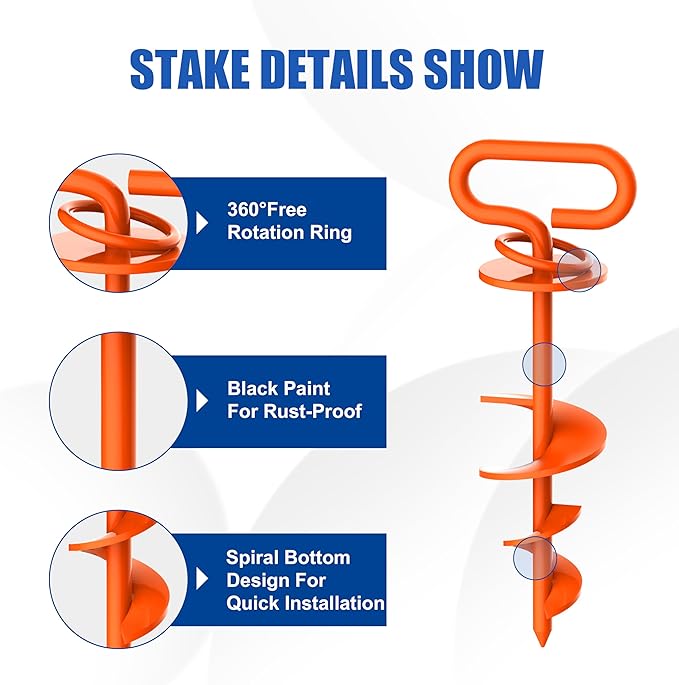 Eurmax USA Dog Tie Out Stake Triple Lock Heavy Duty Dog Anchor for Large Dogs Trampoline Stakes Dog for Yard and Outdoor Dog Runner Install & Travel Kit Included,1-Pack(Orange)