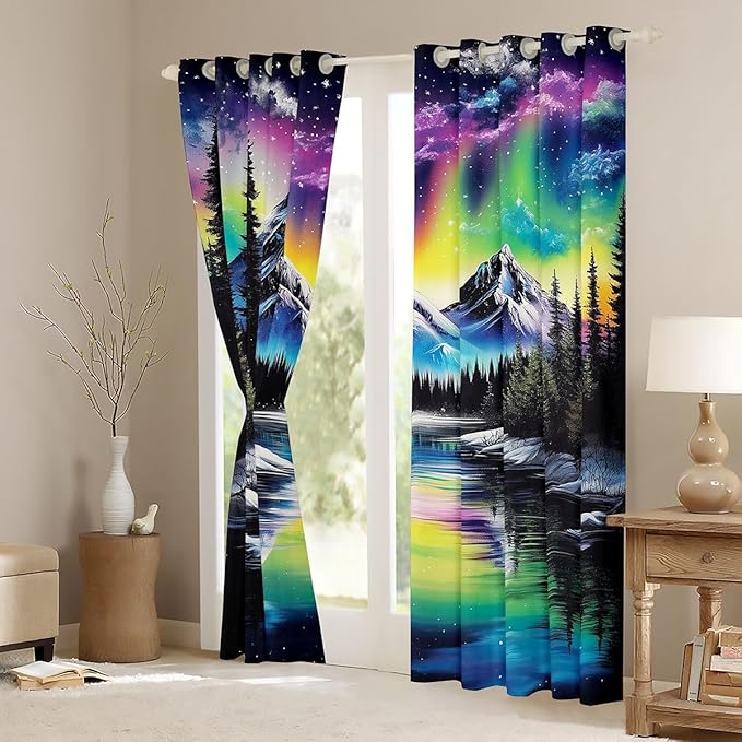 Manfei Northern Lights Kids Blackout Curtains,Rainbow Starry Sky North Pole Dreamy Window Drapes,Snowmountain Pine Trees River Natural Boys Girls Room Decor,Blue Green 2 Panels,38Wx54L inch