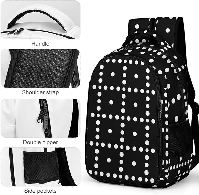 Carry On Travel Backpack White Black Polka Dots, Large Sturdy Anti Theft Laptop Bag with Multi Compartments for Business Weekender Hiking