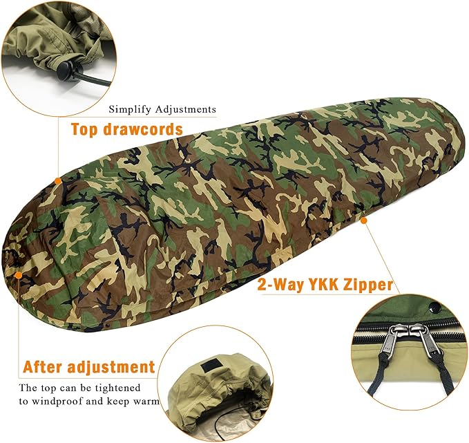 MT Army Military Modular Sleeping Bags System, Multi Layered with Bivy Cover for All Season, Woodland/Multicam