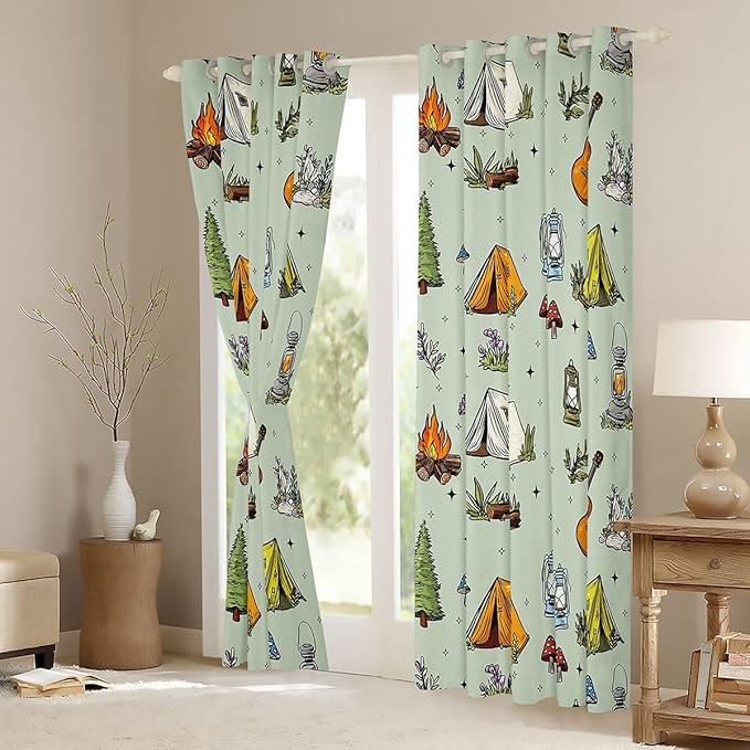 Feelyou Green Camping Camper Curtains for Bedroom Living Room Campfire Music Guitar Blackout Shades Happy Camping Room Darkening Curtain Window Treatments, 2 Panels 42 x 84 Inch Decor