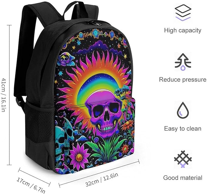 Supdreamc Men Women Polyester Psychedelic Skull Sun And Moon Neon Art Casual Daypack Large Capacity Carry On Bag With Adjustable Shoulder Straps for Camping Work Running