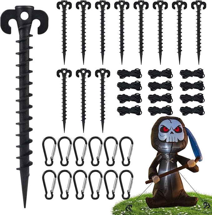 12 Sets Inflatable Stakes Replacement Set, 12 PCS 7.7" Inflatable Plastic Stakes with Tethers Ropes and Alloy Hooks, Heavy Duty Tent Stakes for Garden Yard Ground Halloween Christmas Outdoor Decor