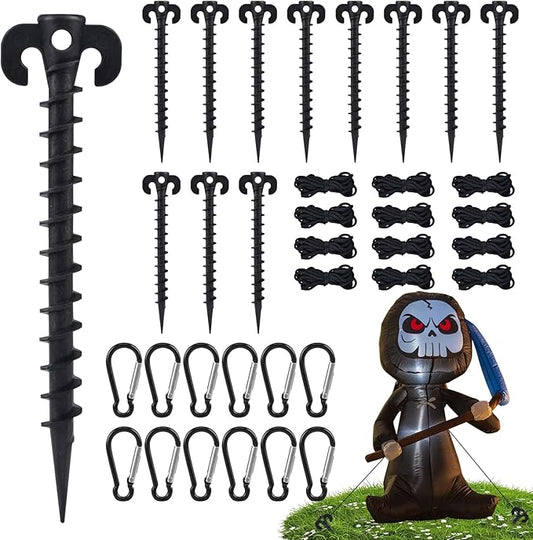 12 Sets Inflatable Stakes Replacement Set, 12 PCS 7.7" Inflatable Plastic Stakes with Tethers Ropes and Alloy Hooks, Heavy Duty Tent Stakes for Garden Yard Ground Halloween Christmas Outdoor Decor