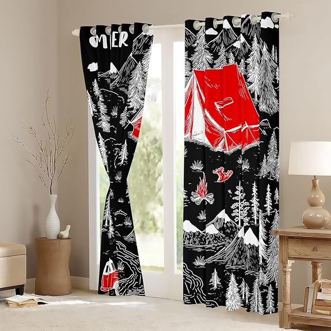 Feelyou Black Camper Camping Blackout Curtains Rustic Farmhouse Bear Darkening Drapes for Bedroom Living Room Decor Camping Theme Thermal Insulated Shades Window Treatments, 2 Panels 52 x 63 Inch