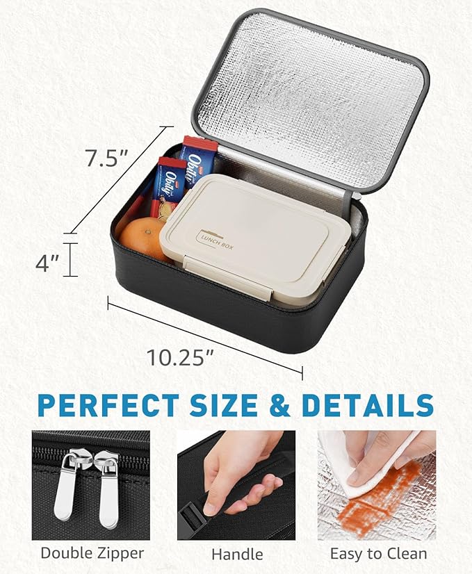 Small Lunch Box Insulated Lunch Bag for Women Men, Bento Kids Lunch Box, Compact Portable Thermal Meal Cooler Bags with Buckle Handle for Work & School, Black 5L